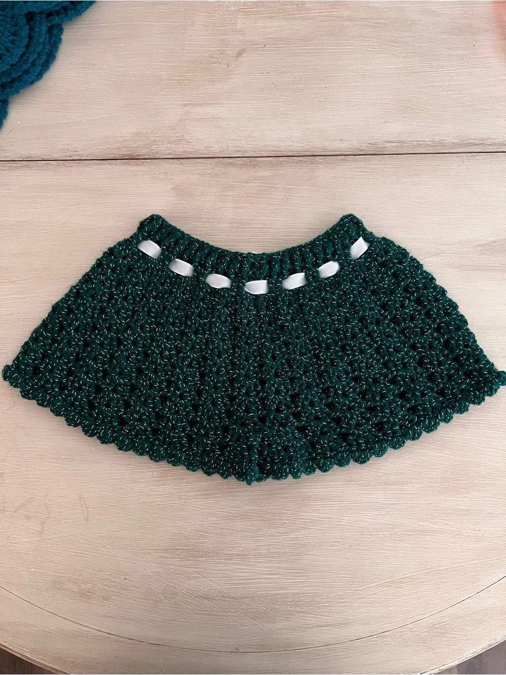 Hand-Crocheted Women’s Shorts in Deep Green with White Ribbon - Picture 2 of 6